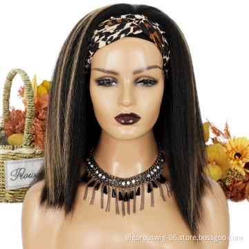Hot Vendor Natural Hair Headband Wig Highlight Blonde Yaki Curly Synthetic Hair Women's Wigs Machine Made Glueless None Lace Wig